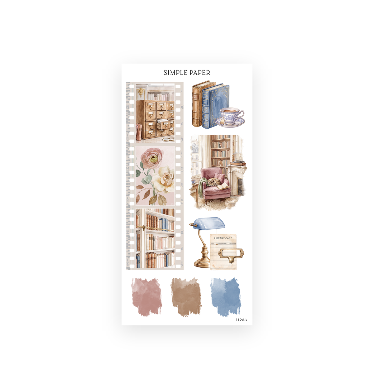 Film strip stickers of a card catalog, roses and bookshelves, a cat in a reading chair, a desk lamp and paint swatches
