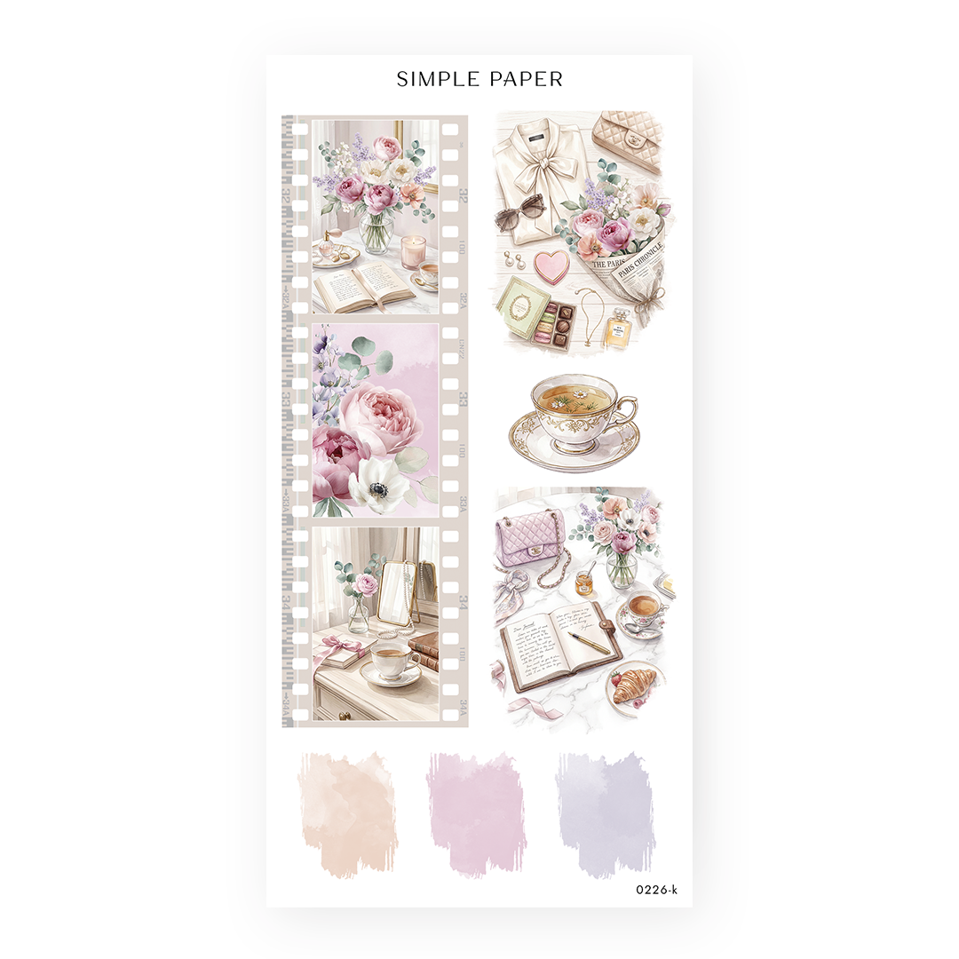 Romanticize Life Sheet K sticker sheet: a film strip of vanity and floral scenes with painted swatches