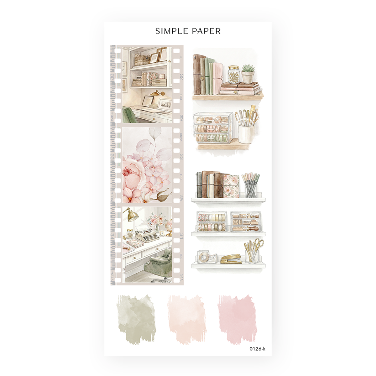 On My Desk Sheet K sticker sheet: a film strip of desk scenes, shelf styling and paint swatches
