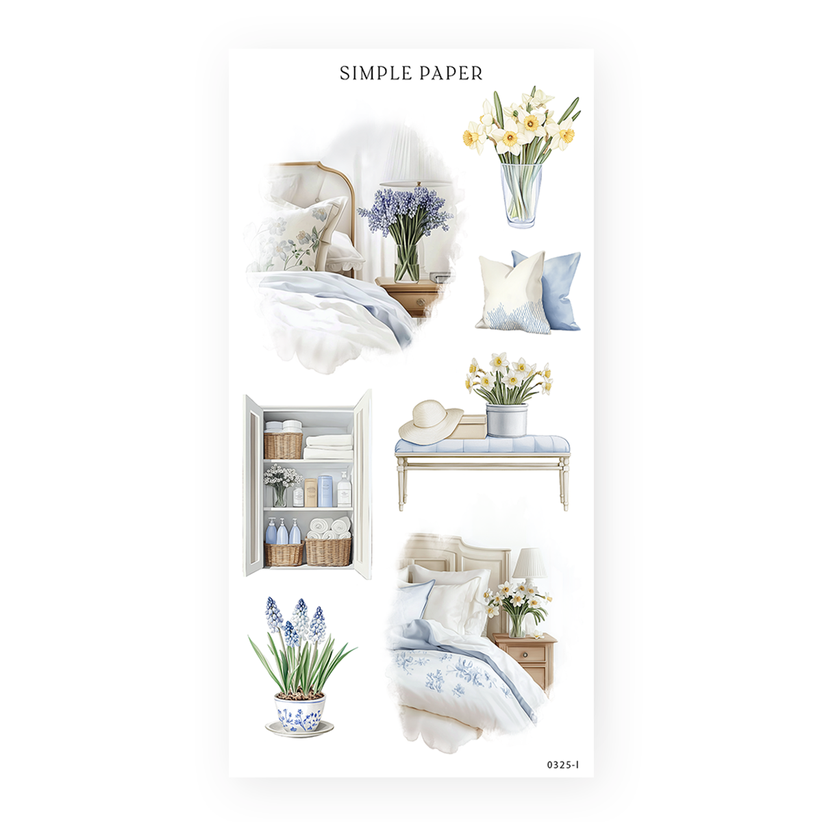 Bedroom and bath stickers with a floral duvet, linen closet, daffodils and a hat on a bench, Sheet L