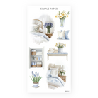 Bedroom and bath stickers with a floral duvet, linen closet, daffodils and a hat on a bench, Sheet L