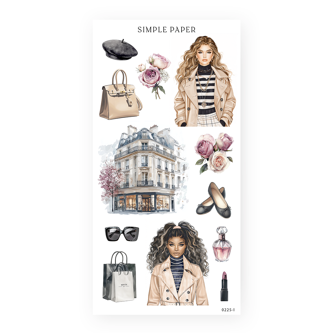 Fashion sticker sheet with a beret, handbag, trench coat figures, flats and sunglasses, Sheet L