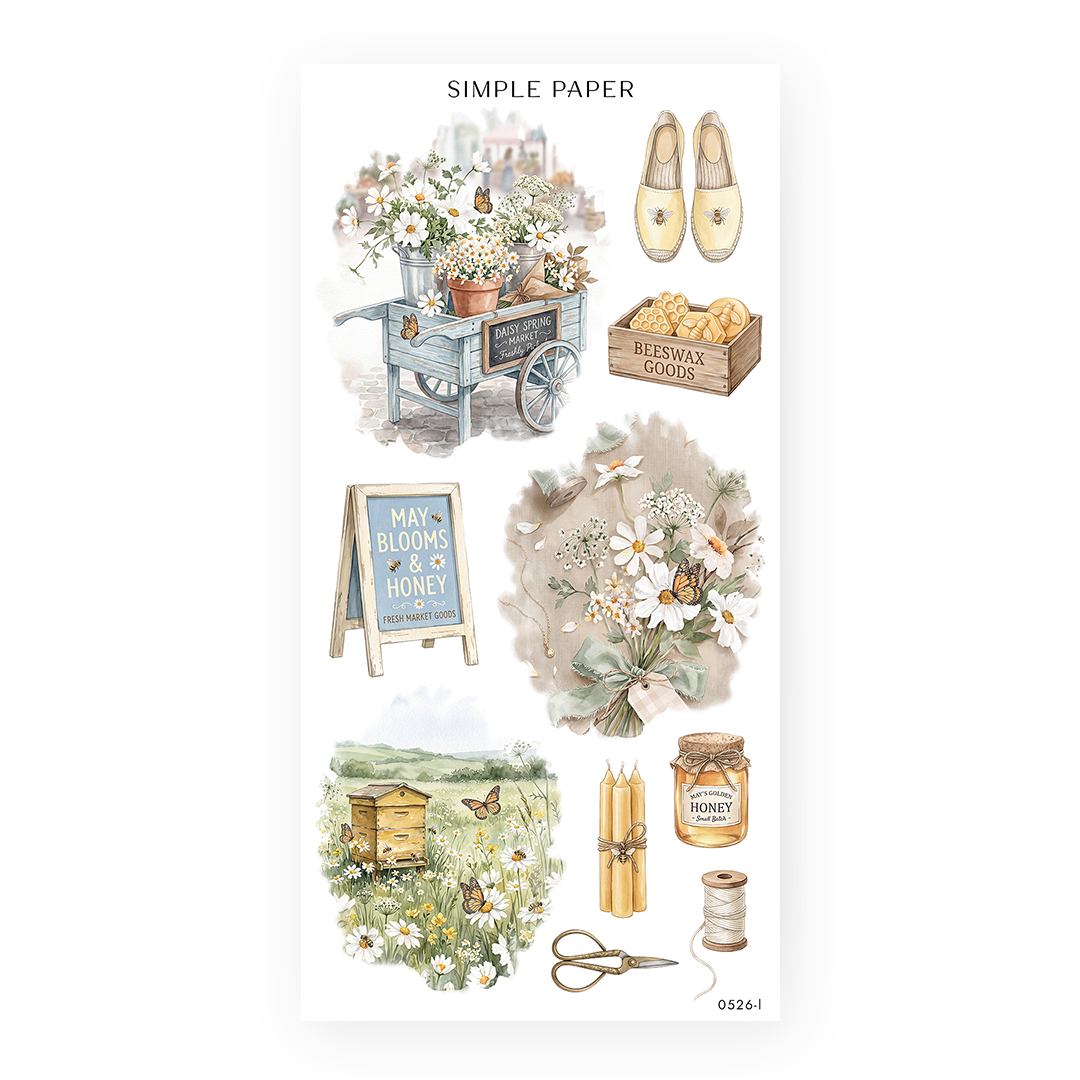 Honey Cottage Sheet L sticker sheet: a market cart, beeswax crate, honey jar, candles and gold scissors