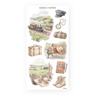 Springbound Sheet L sticker sheet: a train at a country station with a conductor cap and tea service