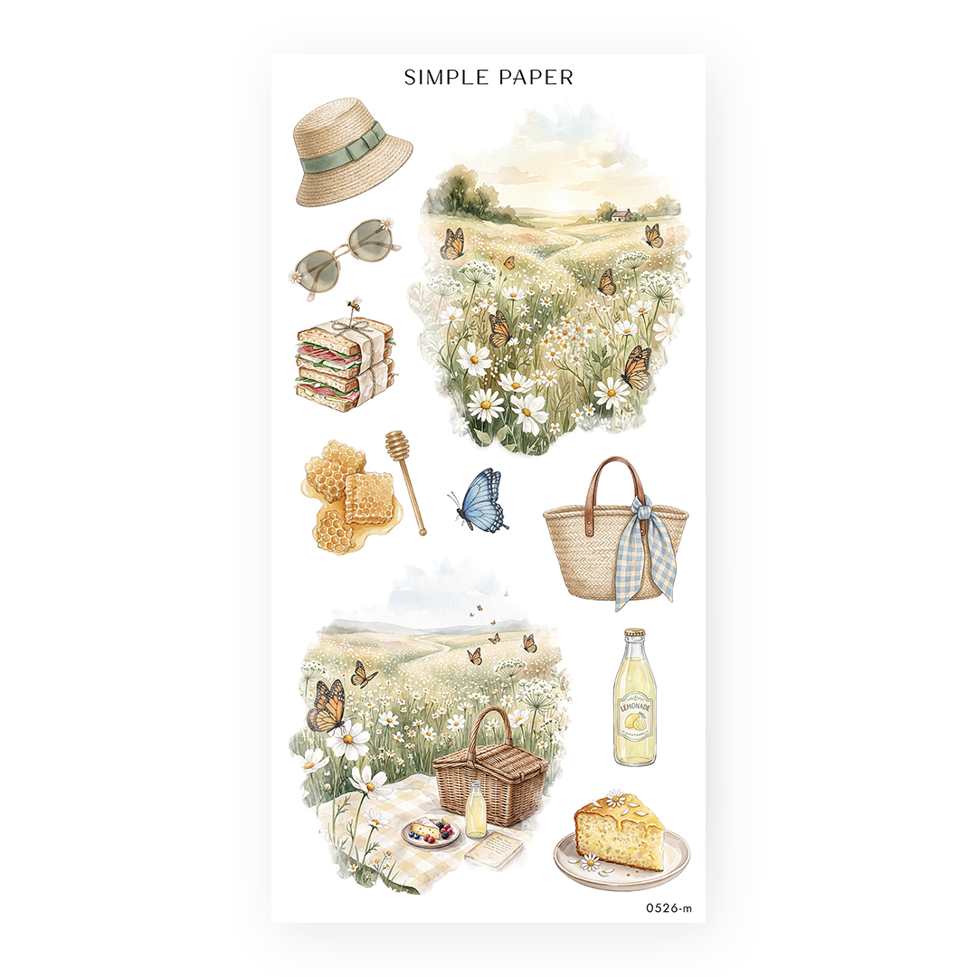 Honey Cottage Sheet M sticker sheet: a straw hat, honeycomb, straw tote, lemonade and picnic scenes