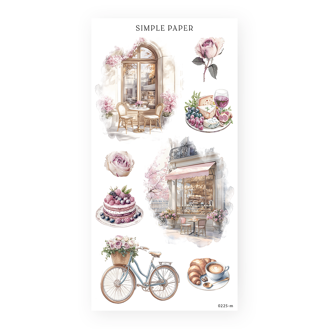 Cafe storefront, bakery window, berry cake and flower basket bicycle stickers, Sheet M