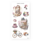 Cafe storefront, bakery window, berry cake and flower basket bicycle stickers, Sheet M