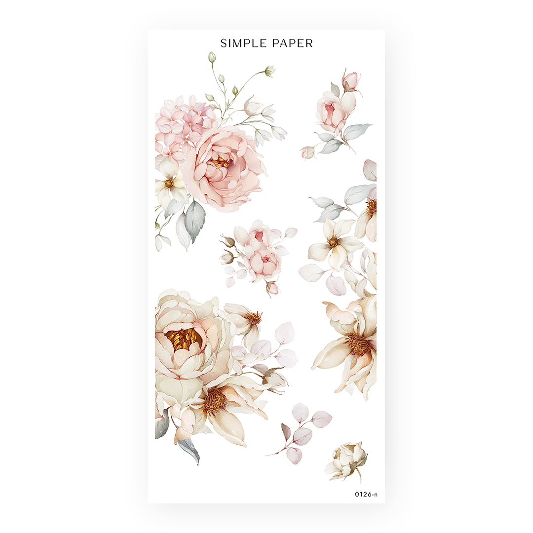 On My Desk Sheet N sticker sheet: large hydrangea, magnolia and peony bouquets with grey blue leaves