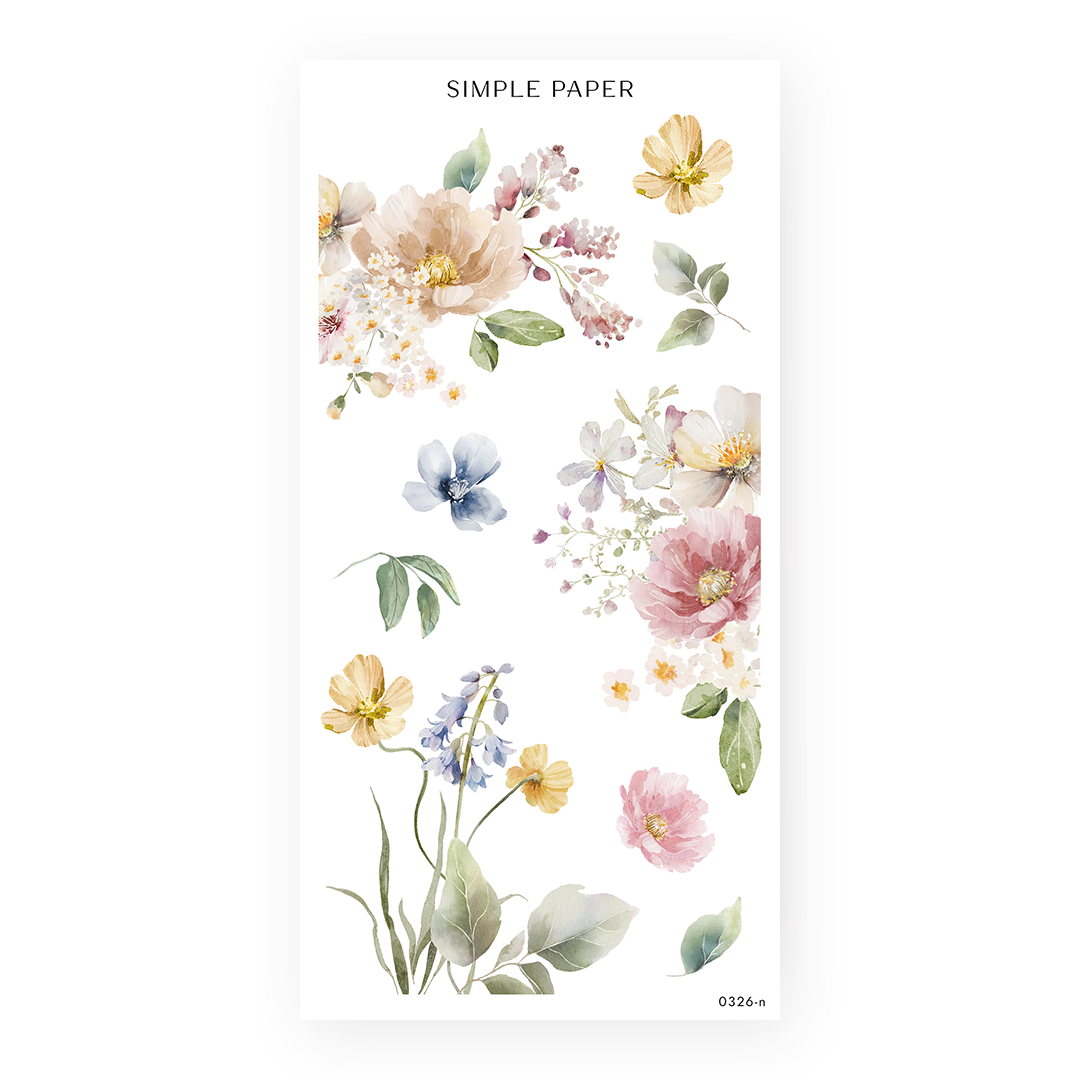 Springbound Sheet N sticker sheet: champagne peonies and buttercups with bluebells and lavender