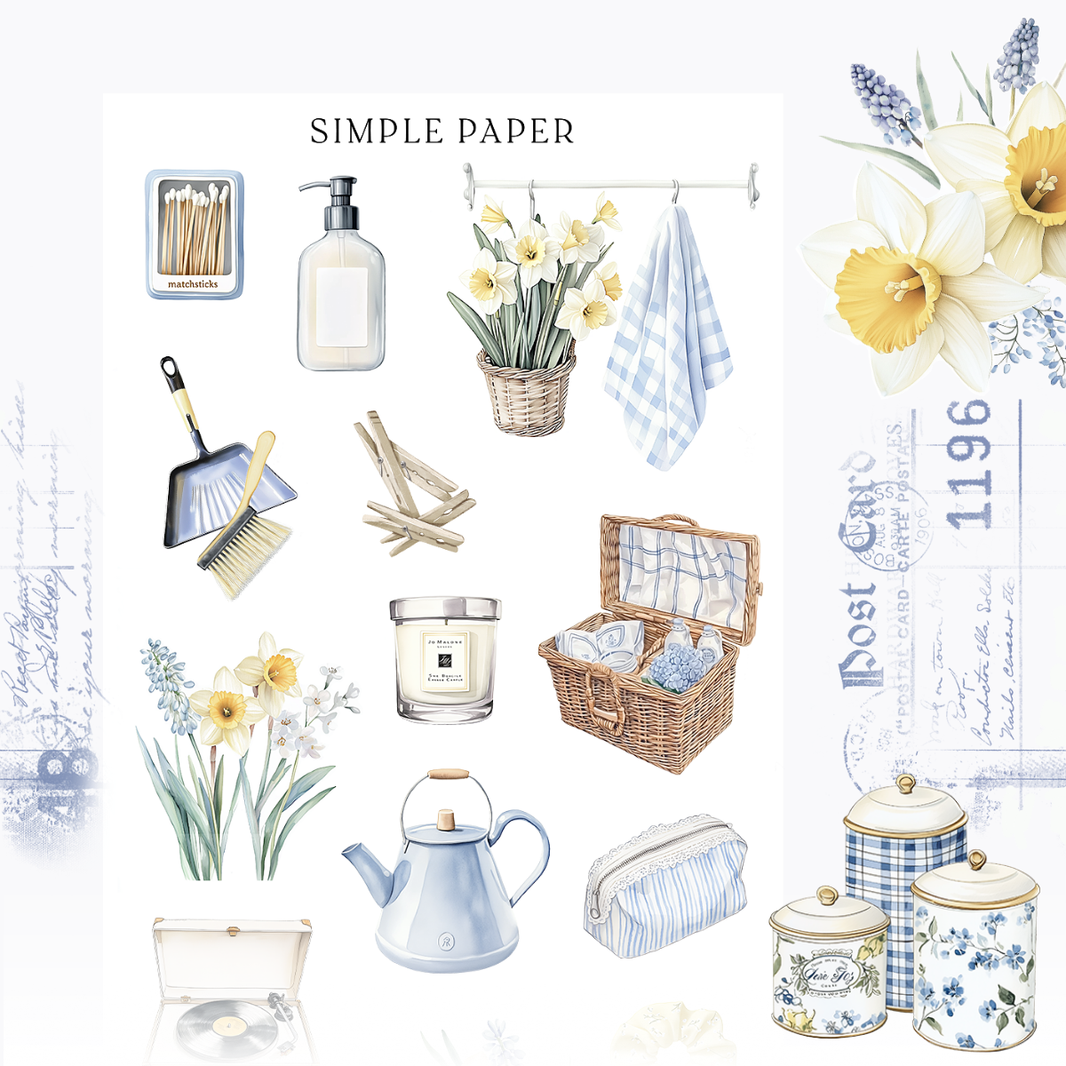 Spring cleaning stickers with matchsticks, a soap pump, a dustpan and brush, clothespins and a blue kettle, Sheet E