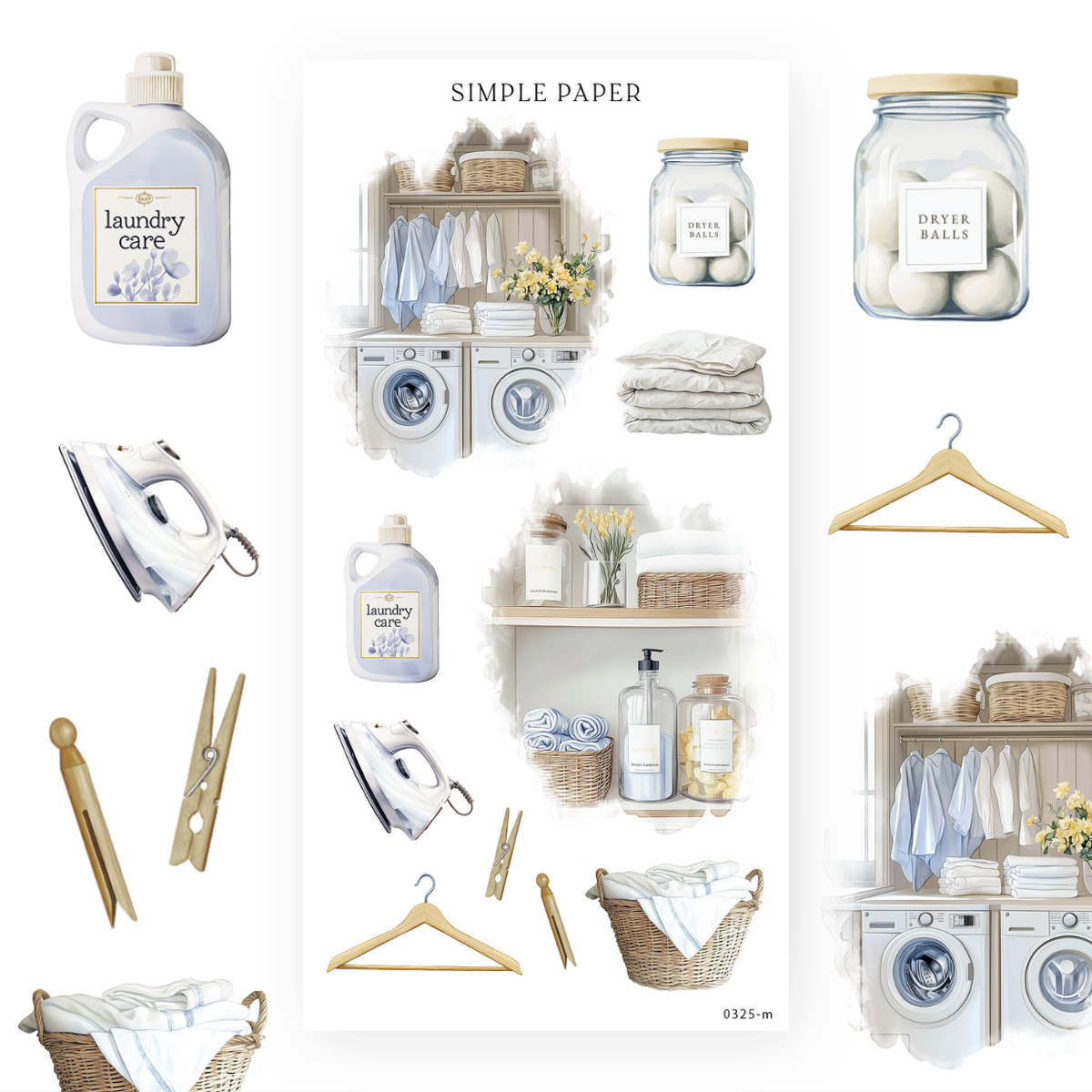 Laundry room stickers with a laundry care bottle, dryer balls, an iron and clothespins, Sheet M