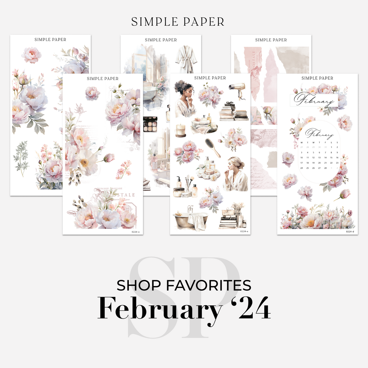 Shop Favorites bundle from the February 2024 kit with peony bouquets, a spa scene and a calendar sheet