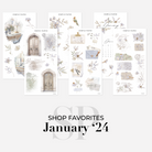 Shop Favorites bundle from the January 2024 kit with arched doors, writing desks, envelopes, a calendar and lilies