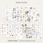 Garden Stories full kit collage of sticker sheets and a May calendar card on a floral backdrop