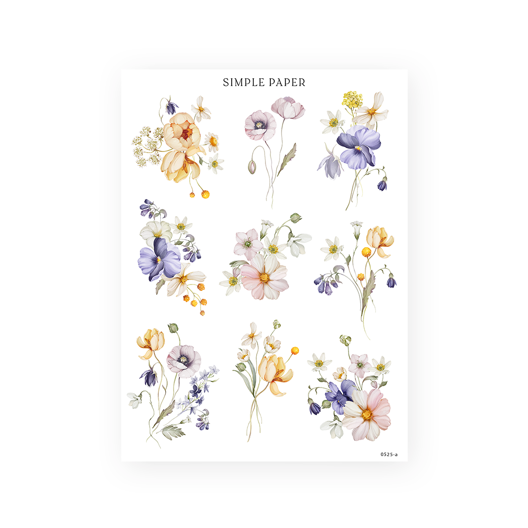 Sticker sheet of pastel floral bouquets with ranunculus, poppies, pansies, daisies and tulips, Garden Stories Sheet A