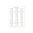 Script sticker sheet with cursive days of the week and a gold highlighted notes label, Sheet C