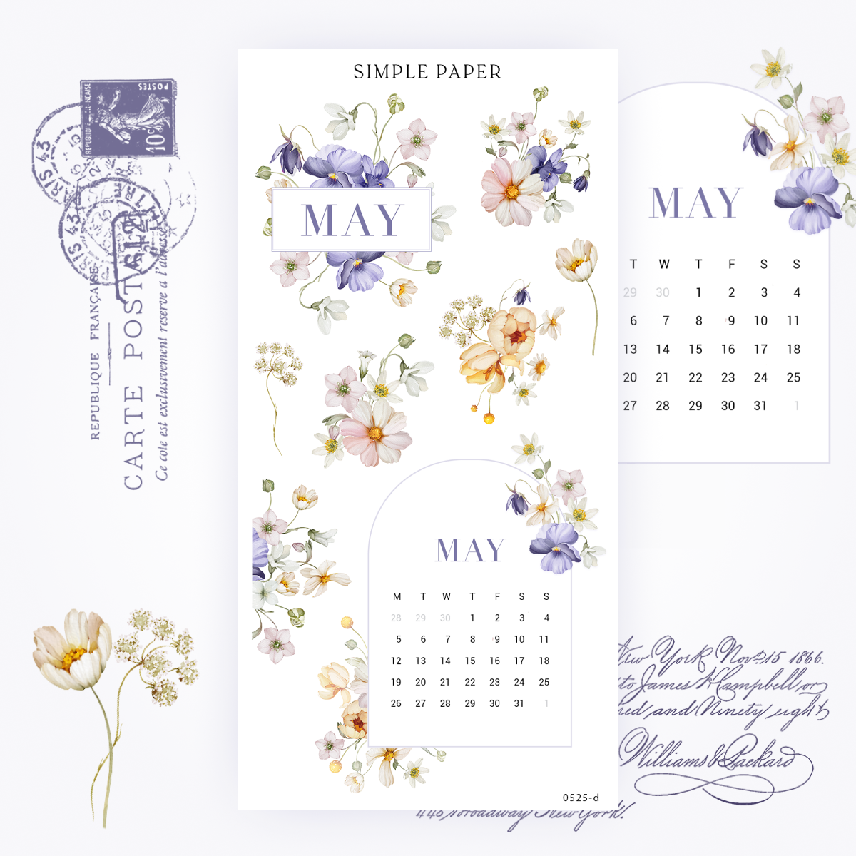 Sticker sheet with a May calendar and pansy, cosmos and ranunculus bouquets, Sheet D