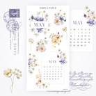 Sticker sheet with a May calendar and pansy, cosmos and ranunculus bouquets, Sheet D