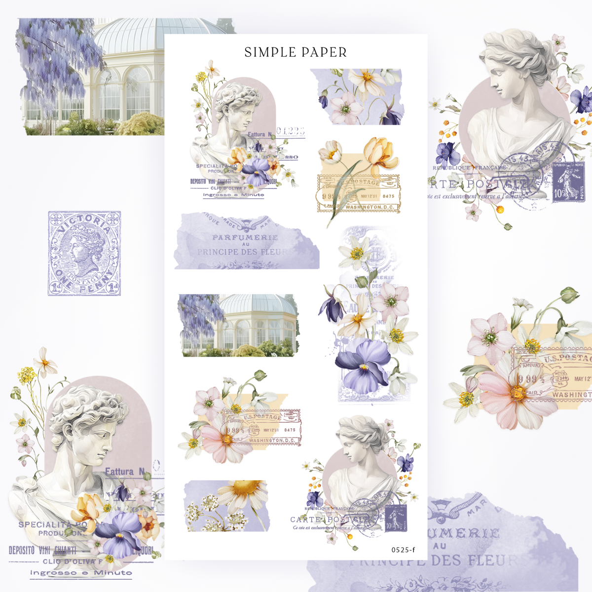 Sticker sheet with marble busts, wisteria, pansies, daisies, tulips and vintage label ephemera, Sheet F