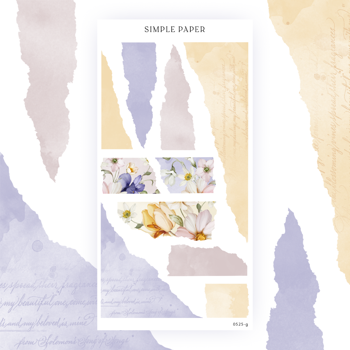 Sticker sheet of torn watercolor paper strips in lavender, blush and gold with floral collage strips, Sheet G