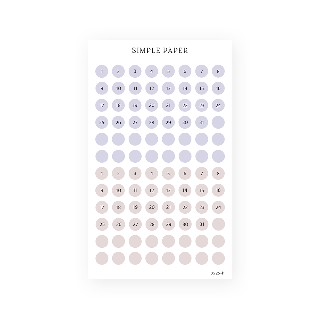 Sticker sheet with numbered date dots 1 to 31 in lavender and blush, plus blank dots, Sheet H