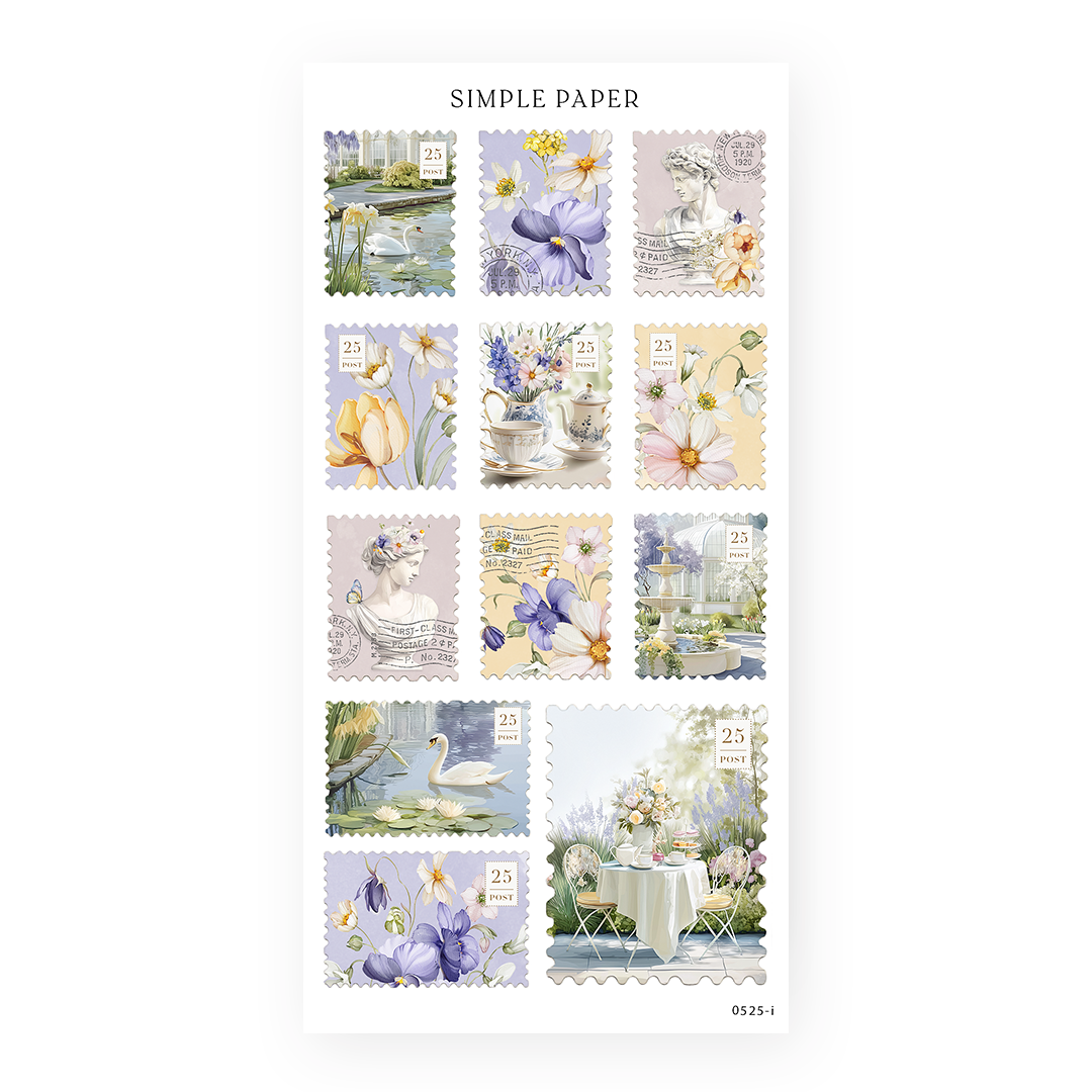 Sheet of postage stamp stickers with swans, marble busts, a fountain, florals and a garden tea scene, Sheet I