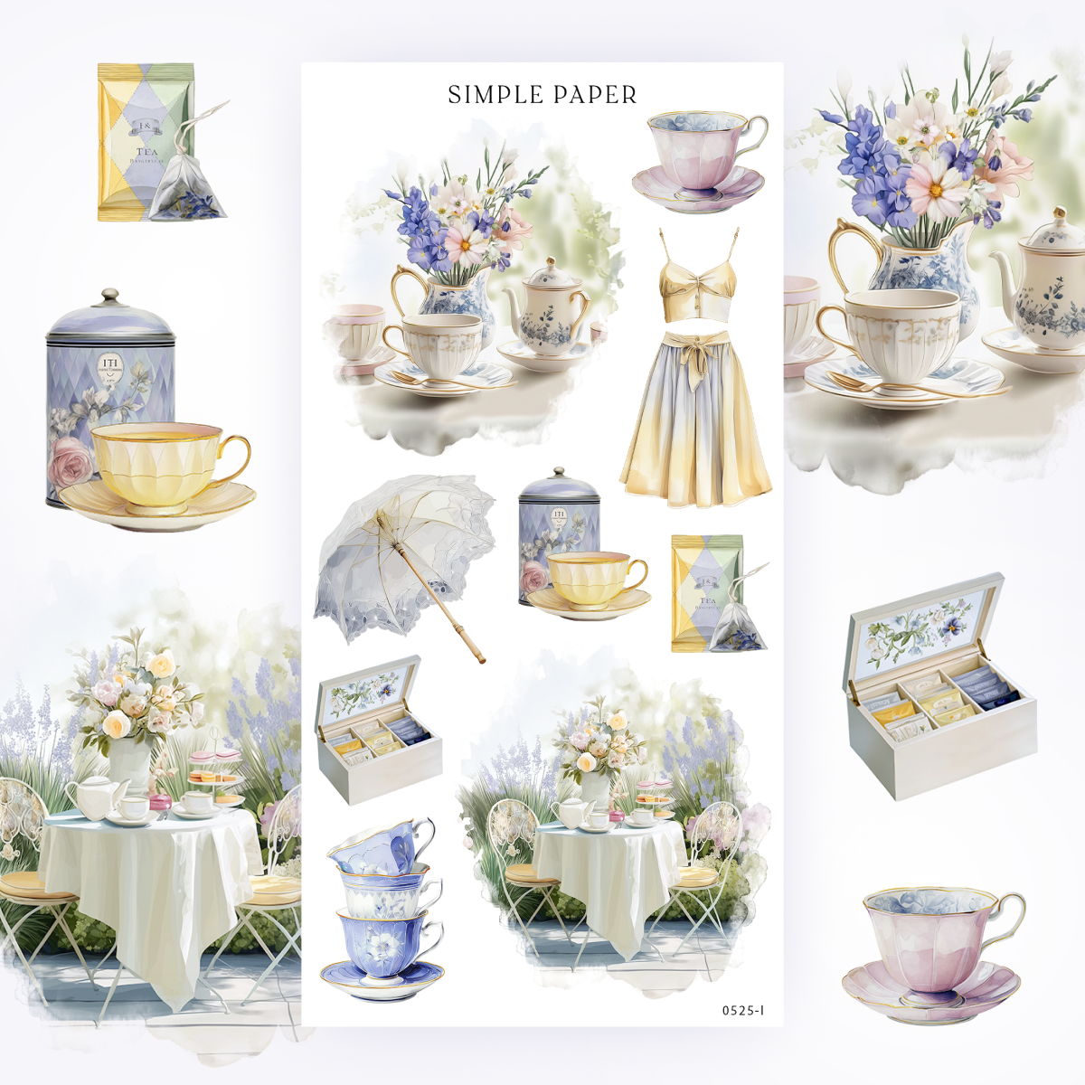 Sticker sheet of garden tea party items: teacups, a teapot, a parasol, a tea box and a sun dress, Sheet L