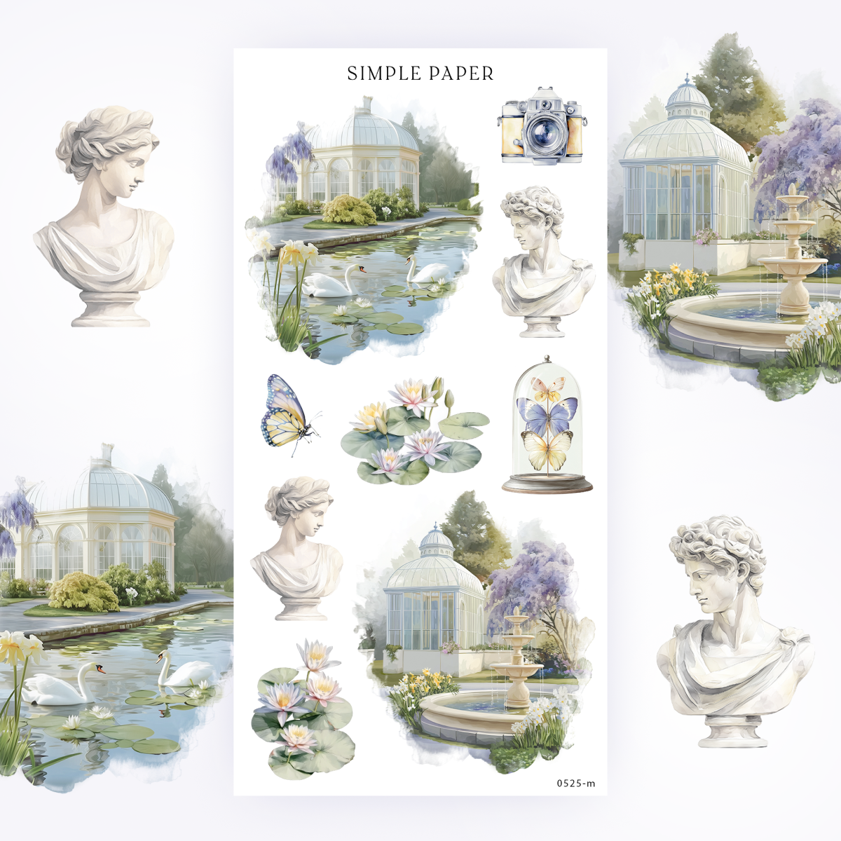 Sticker sheet with greenhouse buildings, swans on a pond, marble busts, a camera and butterflies under glass, Sheet M