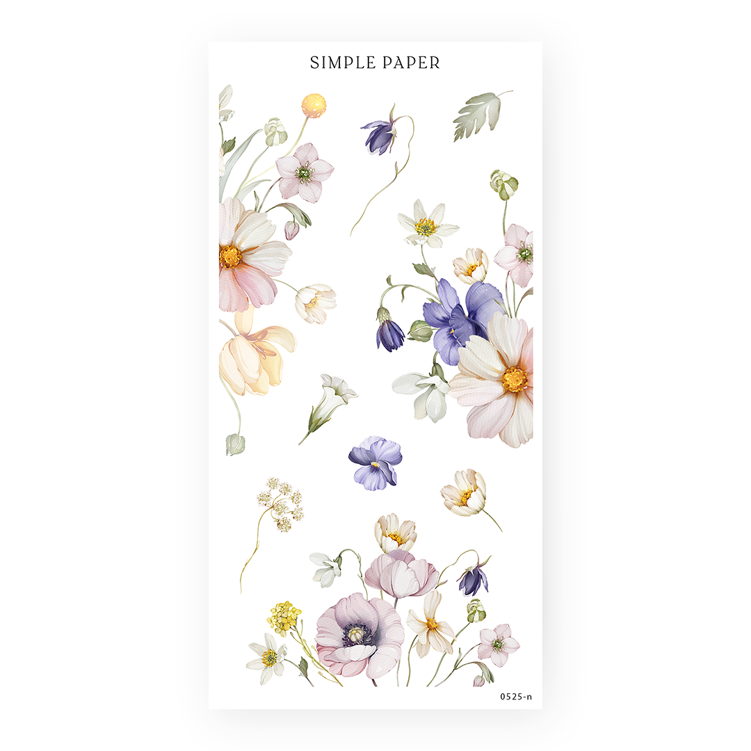 Sticker sheet with pastel corner bouquets—cosmos, pansies, anemones and bellflowers for framing planner pages.
