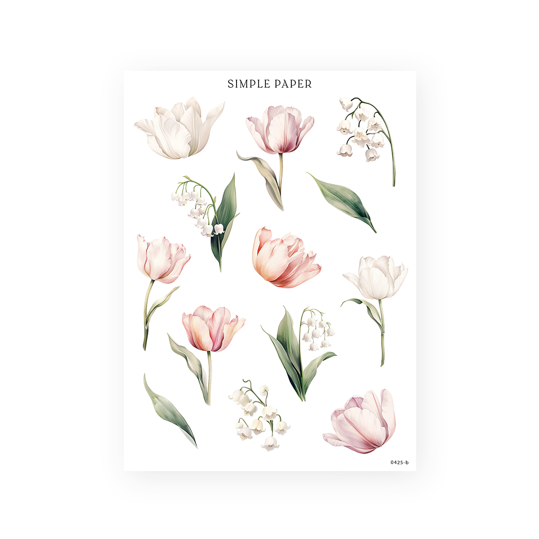 Single tulip blooms in blush, ivory and coral with lily of the valley stems and sage leaves, Tulip Memoirs Sheet B