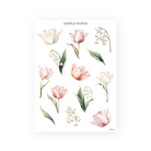 Single tulip blooms in blush, ivory and coral with lily of the valley stems and sage leaves, Tulip Memoirs Sheet B