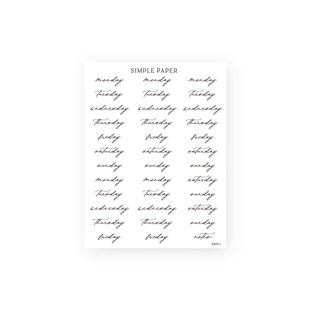 Cursive script days of the week planner stickers with a notes label, Tulip Memoirs Sheet C