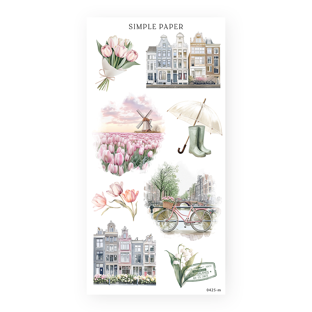 Decorative sticker sheet with Dutch houses, tulip fields, windmill, bike with flowers, umbrella and boots – Tulip Memoirs Sheet M by Simple Paper.