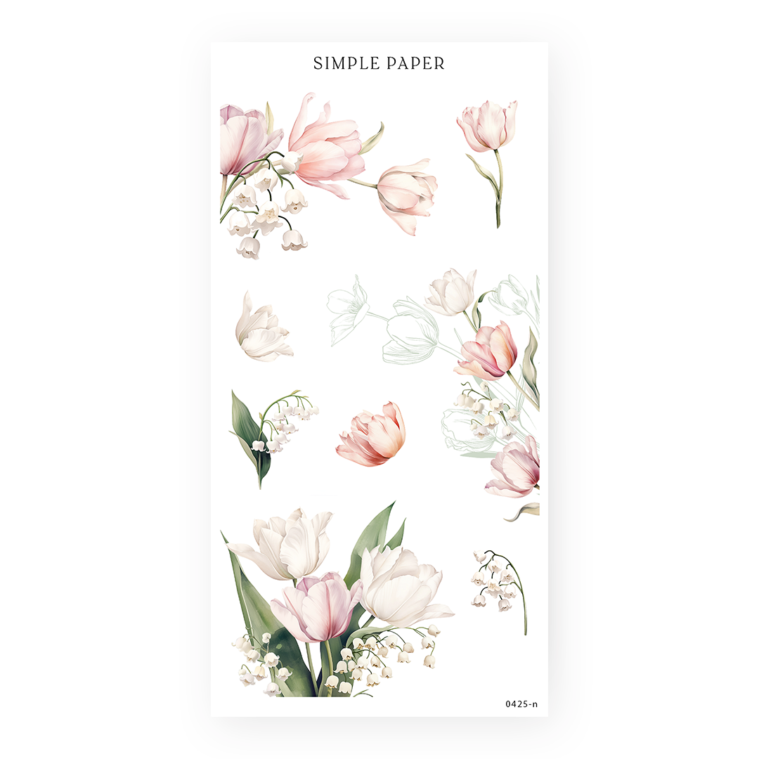 Sticker sheet featuring ivory tulips, lilies of the valley, and soft botanical sketches – Tulip Memoirs Sheet N by Simple Paper.