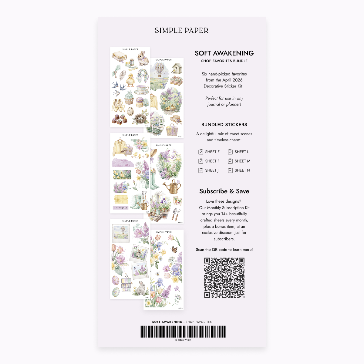 Soft Awakening Shop Favorites sticker bundle backer card showing watercolor spring garden sheets with florals, bunny, and cottagecore designs