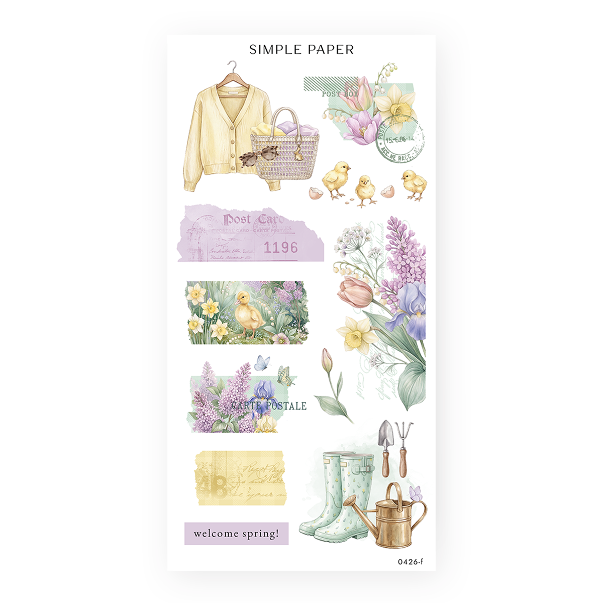 Watercolor spring stickers with daffodils, tulips, lilacs, baby chicks, garden boots, watering can, and vintage postcards