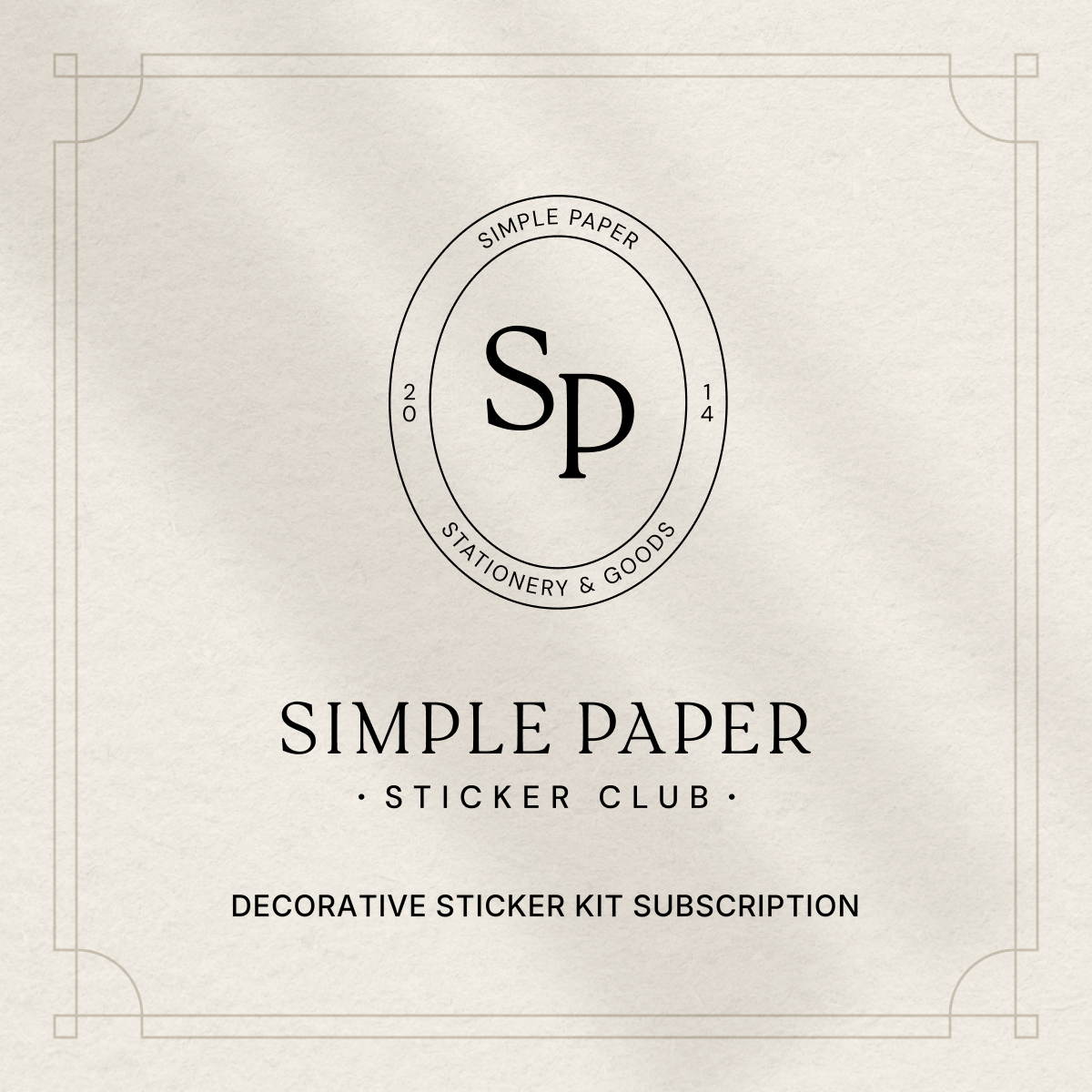 Simple Paper stationery logo on a textured paper background with text about a sticker club subscription.