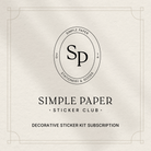 Simple Paper stationery logo on a textured paper background with text about a sticker club subscription.