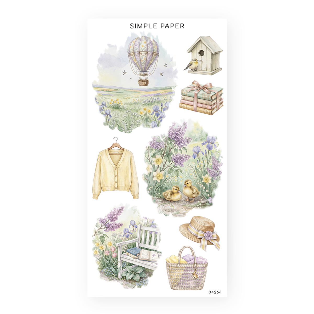 Watercolor spring scenes with a hot air balloon over an iris meadow, ducklings, a garden bench, cardigan and straw hat