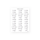 Script weekday planner sticker labels in flowing calligraphy with soft lavender accents, Monday through Sunday plus notes