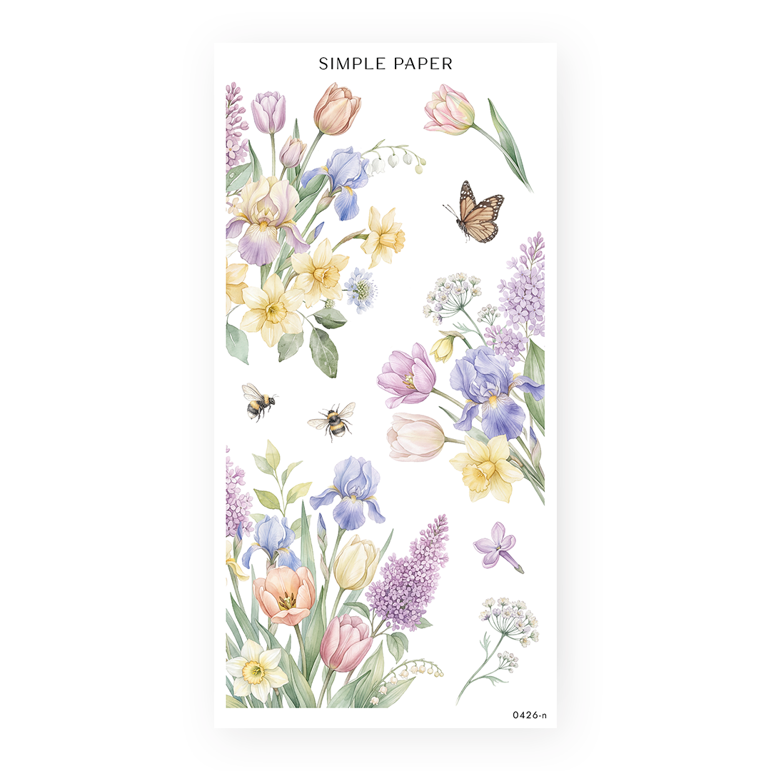 Watercolor spring sticker sheet with purple irises, pink tulips, yellow daffodils, lilacs, monarch butterfly, and bees
