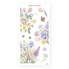 Watercolor spring sticker sheet with purple irises, pink tulips, yellow daffodils, lilacs, monarch butterfly, and bees