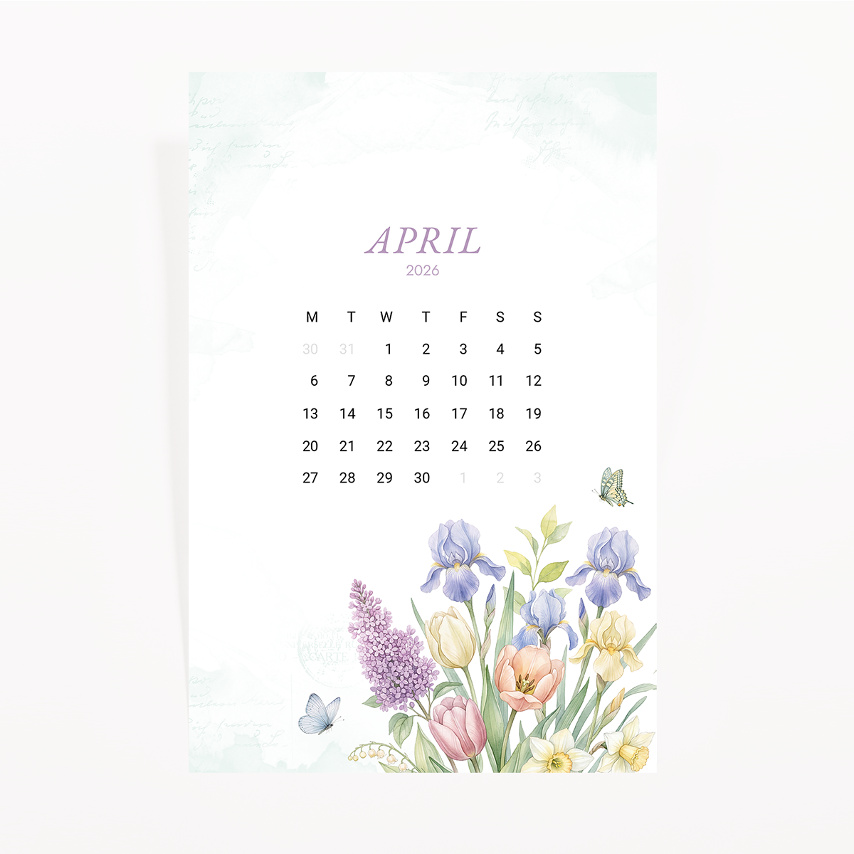 April 2026 calendar journaling card with watercolor irises, pink tulips, lilac, cream daffodils, and soft butterflies