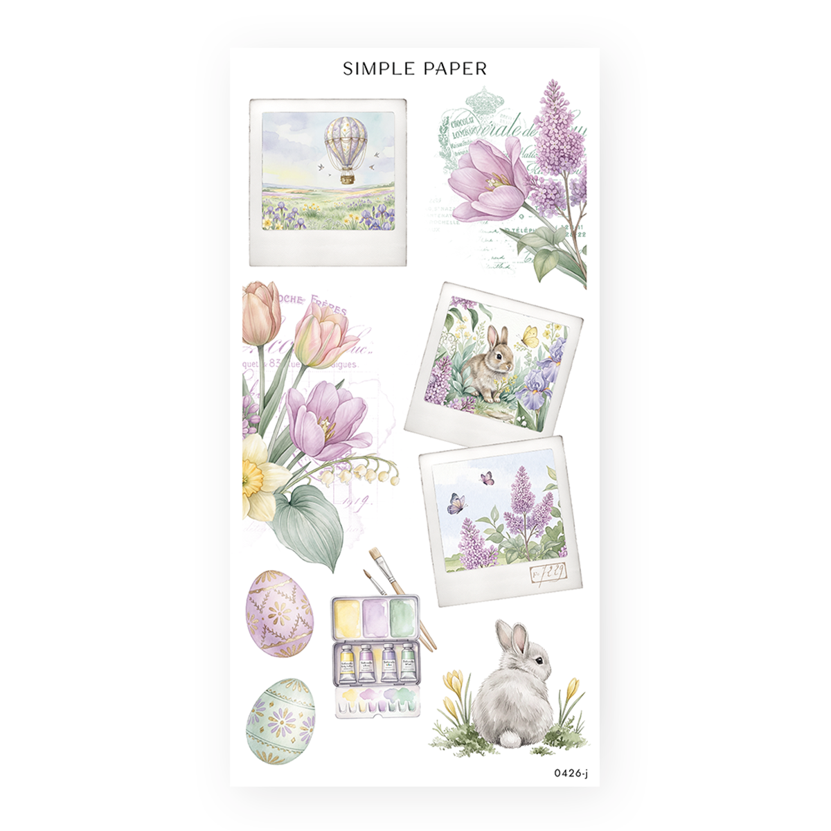 Watercolor spring sticker sheet with lilacs, tulips, Easter eggs, a gray bunny, framed meadow photos and a paint palette
