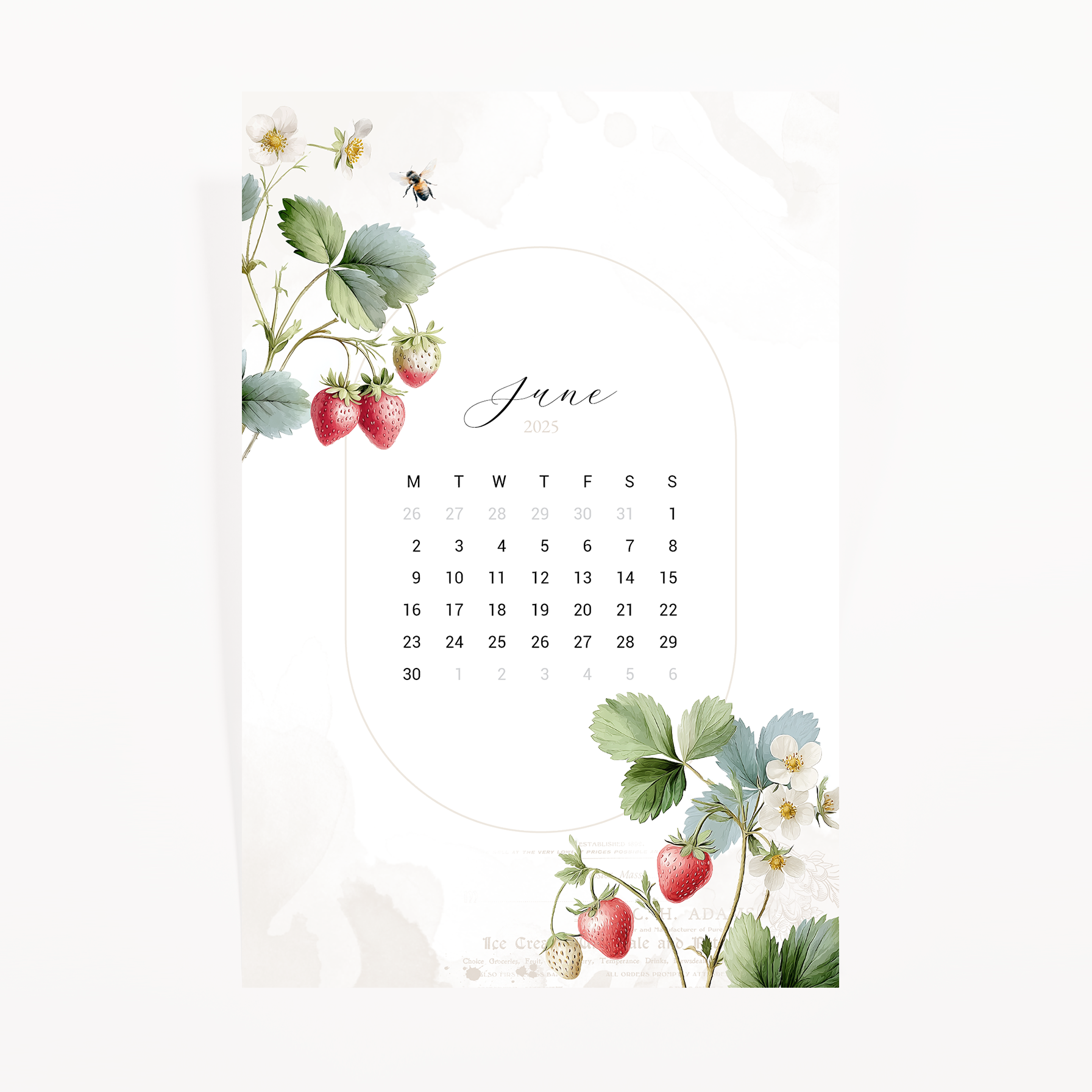 June 2025 calendar card with a strawberry blossom and berry border and a bee