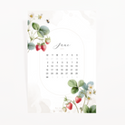 June 2025 calendar card with a strawberry blossom and berry border and a bee