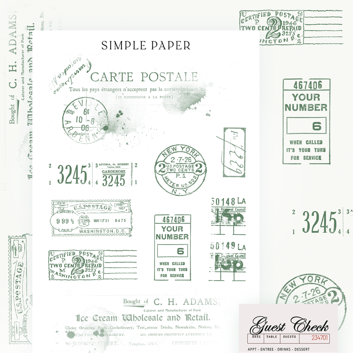 Vintage postmark and postage stamp stickers with a guest check label, bonus sheet