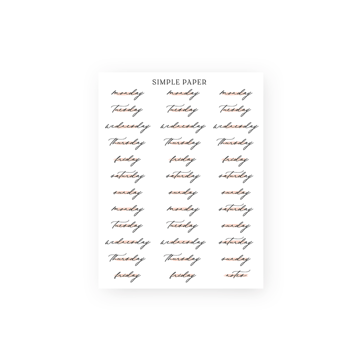 Cursive weekday planner stickers monday through sunday with a notes label, Sheet C