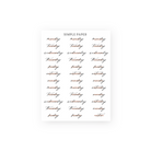 Cursive weekday planner stickers monday through sunday with a notes label, Sheet C