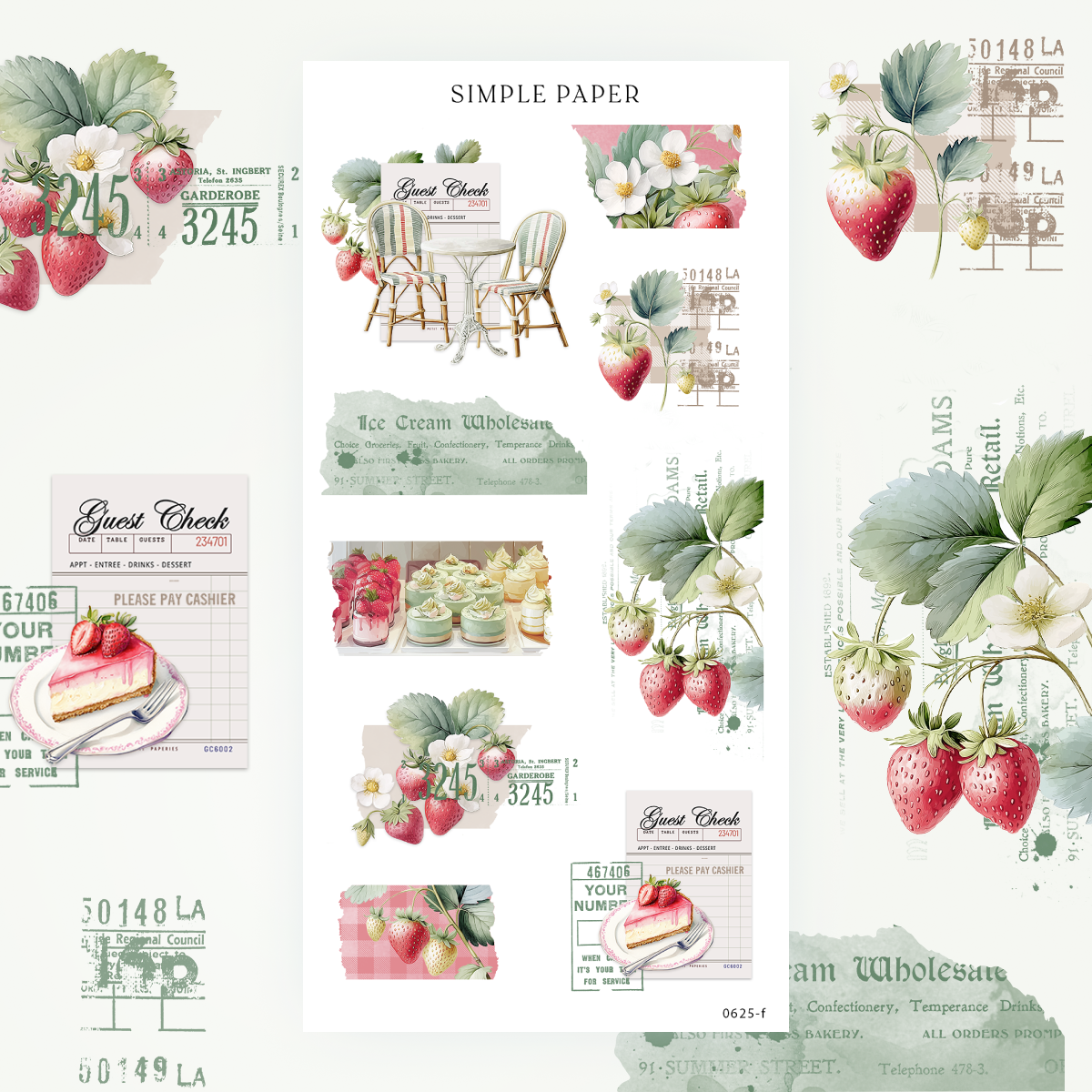 Cafe bistro chairs, guest check labels, cheesecake, and strawberry stickers, Sheet F